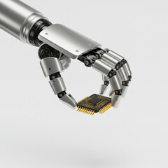 3d Render Of A Robot Hand Holding A Microchip, White Background