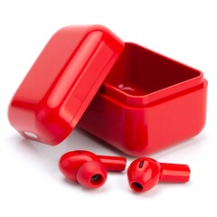 Red wireless earbuds in case