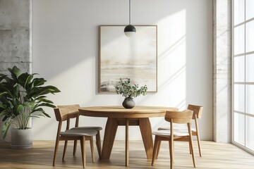 Chic Scandinavian dining room design with a round wooden table and modern touches. 3D rendering, Generative AI