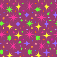 Festive seamless colorful stars pattern on dark pink background &ndash; perfect for celebrations, stationery, clothing prints, and cheerful decorative projects.