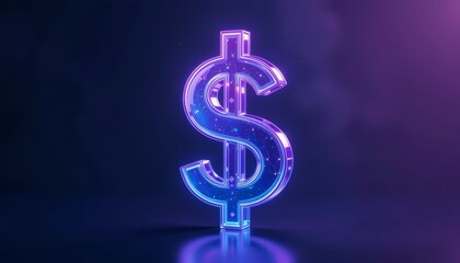 Neon neon dollar sign sculpture glowing in blue/purple on dark background.