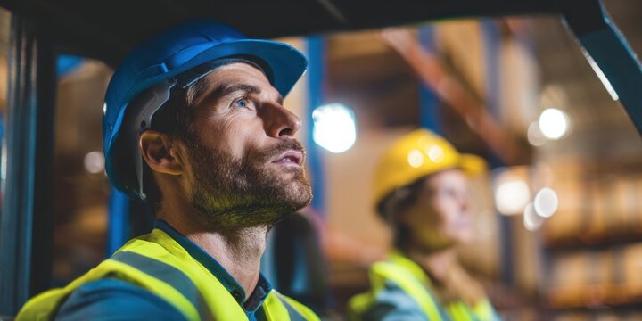The focused warehouse workers collaborating during a busy logistics operation