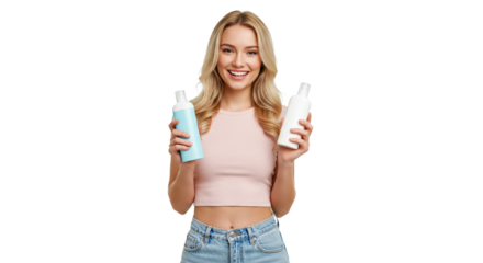 A cheerful young woman with radiant blonde hair smiles brightly, holding two different beauty product bottles.