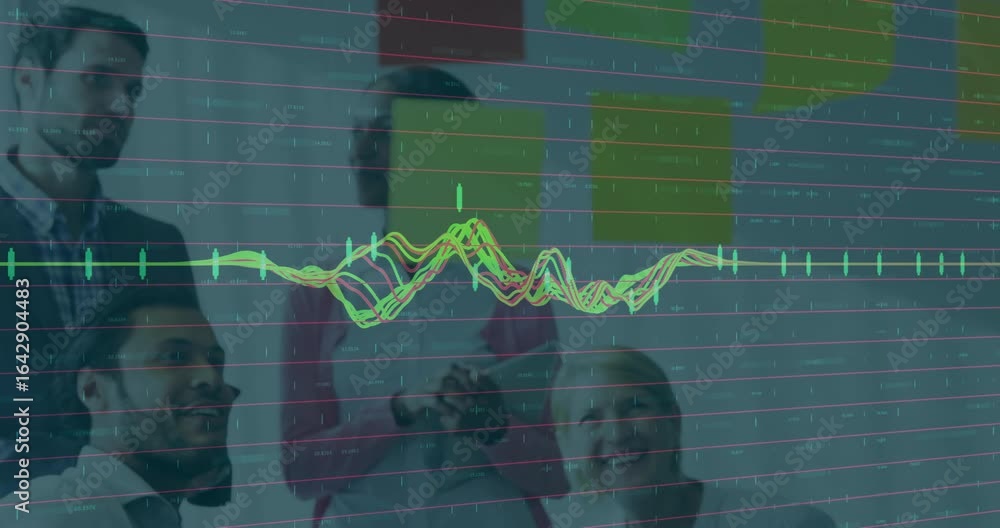 Poster waveform graphs shifting on glass board driving tech team viewing data taking tablet turning screen