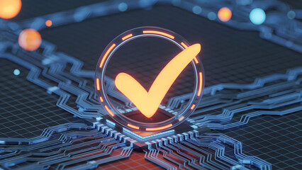 Glowing orange checkmark verified on futuristic circuit board with glowing blue data lines and vibrant orange orbs, symbolizing technological approval and innovation.