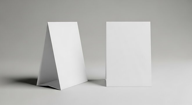 Two blank white table tent cards facing each other on a neutral background