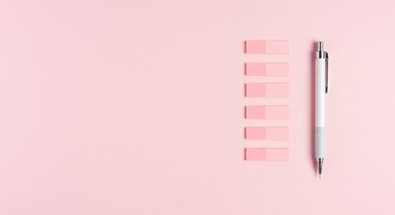 Pen and pink sticky note tabs on a desk with copy space