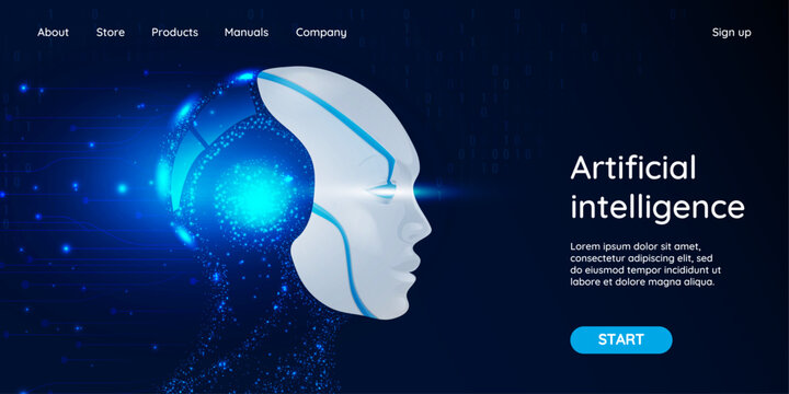 Web banner with an image of an artificial intelligence head. Technologies of the future