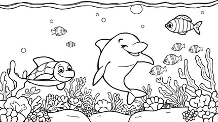 Playful Dolphin and Sea Turtle Swimming with Fish in Underwater Ocean Coloring Page