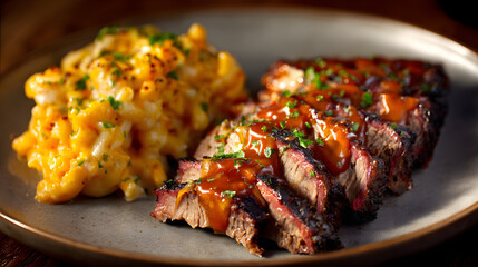 Deliciously Smoked Brisket Slices Served with Creamy Macaroni and Cheese on a Rustic Plate