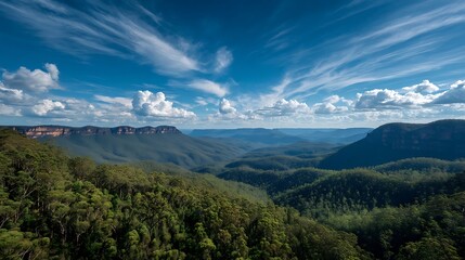Fototapeta premium Blue Mountains Vista Verdant Forest Valley and Dramatic Sky View