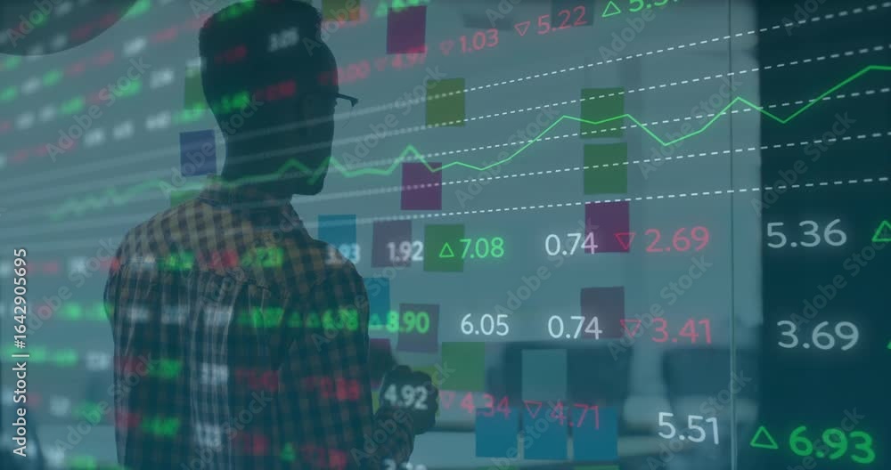Poster finance analyst scanning chart then pointing with stylus and marking peak for trend analysis