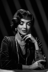 Monochrome portrait of gorgeous young woman Hollywood actress. Harcourt-inspired portrait of girl...