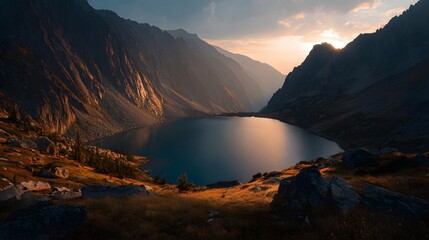 Beautiful mountain lake landscape scenic view at sunset nature photography background wallpaper hd desktop image