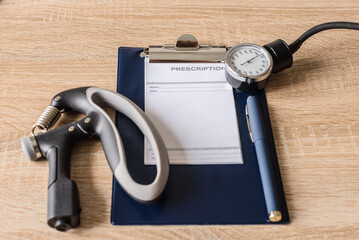 Hand grip strengthener, clipboard and stethoscope lying on table. Physiotherapy tools on wooden...