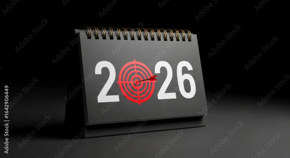 Poster a black desk calendar showing the year 2026 with a red target and arrow on a dark background scene