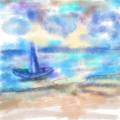 
Watercolour Seascape with Ocean Waves and sandy beach illustration 