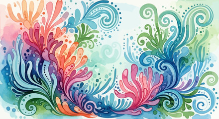 Vibrant watercolor illustration of fantastical abstract aquatic flora creating a serene marine pattern