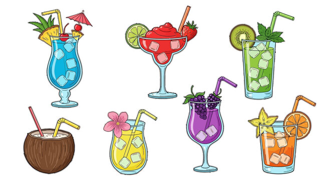 Colorful vector illustration set of refreshing tropical cocktails adorned with fruits and straws, perfect for summer themes and party designs