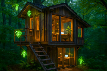 Modern Treehouse Cabin at Night