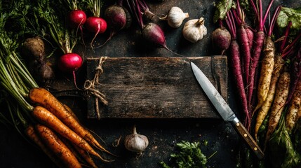 Colorful root vegetables arranged on a dark surface with a rustic wooden cutting board and knife.