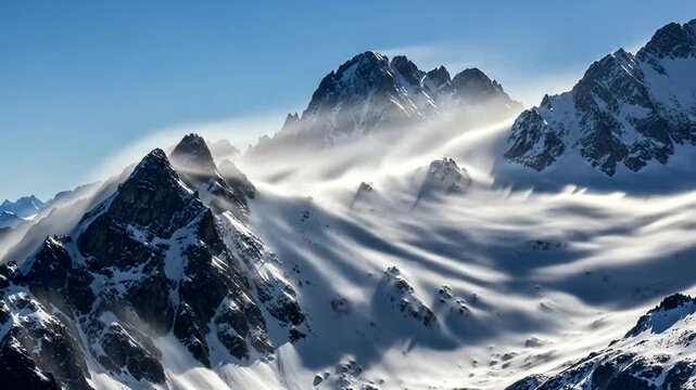 Mountainous landscape with snow and wind patterns