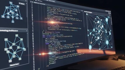 Computer screen displaying code and network graphs, suggesting software development or data analysis. - Powered by Adobe