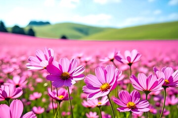Pink Flower Field under Blue Sky with Clouds and Green Hill