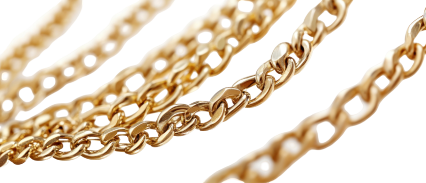 Close Up View Of Golden Chains Against Transparent Background Showcasing Texture And Details Of The Metal