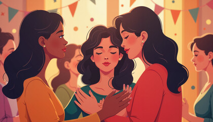 Women embracing in warm celebration setting, empowerment and unity