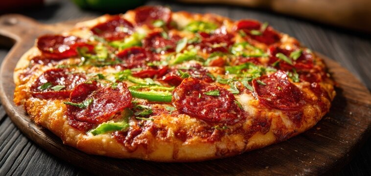 The delicious pepperoni pizza with fresh vegetables on a wooden board.