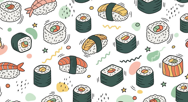 A vibrant and playful doodle pattern showcasing assorted sushi rolls with whimsical background accents.