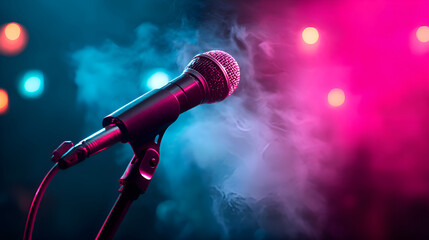 Obraz premium Microphone on stage with smoke and colorful lights illuminating the background