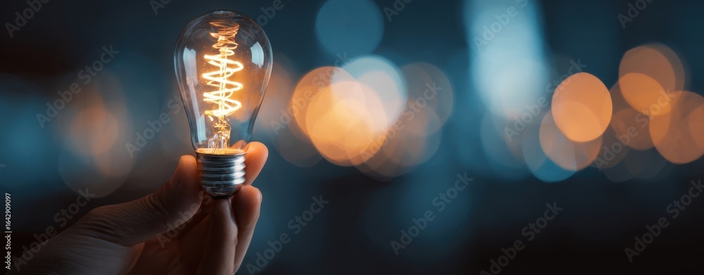Poster the glowing light bulb held in hand with soft bokeh background