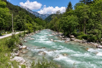 Mountain river winding through lush valley
