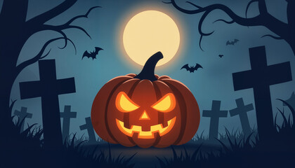 Obraz premium Glowing carved pumpkin in spooky graveyard at night, Halloween spirit