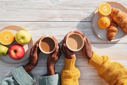 Enjoying warm drinks and fresh fruit at a cozy breakfast gathering with friends
