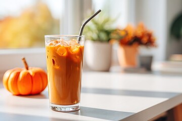 Refreshing iced pumpkin drink with autumn decorations by the window
