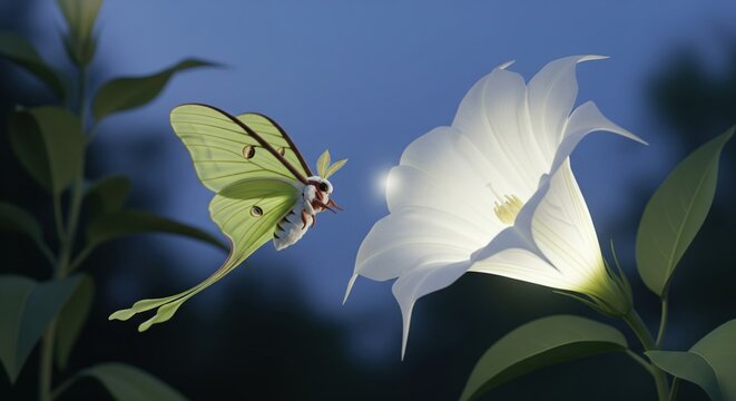 A luna moth flying towards a glowing moonflower at night - Powered by Adobe