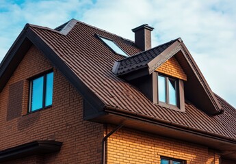 Brown metal roof on a brick house with a skylight.