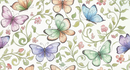 Seamless watercolor pattern of delicate pastel butterflies and curling floral vines on a white background.