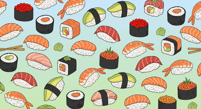 Seamless vector pattern featuring a diverse assortment of fresh sushi pieces on a soft gradient background