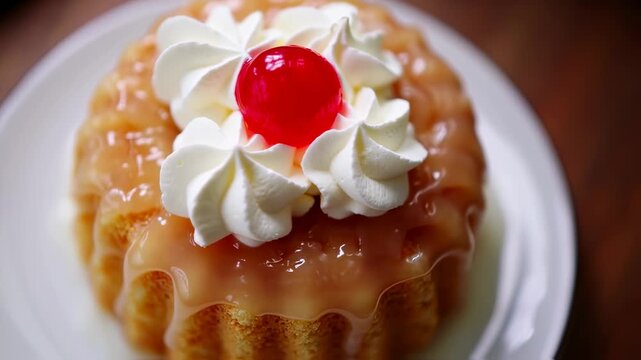 Delicious rum baba dessert, topped with whipped cream and a cherry garnish