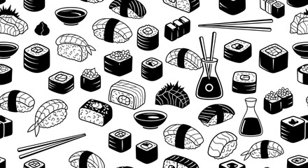 Monochrome Sushi Feast Seamless Vector Pattern of Japanese Cuisine Delights