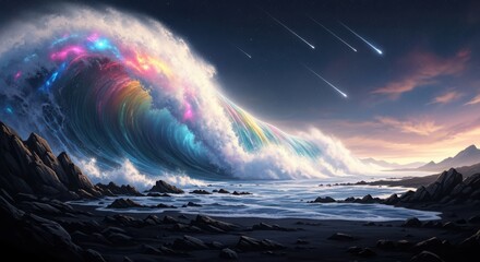 A massive wave illuminated by rainbow colors crashes on a rocky shore at night