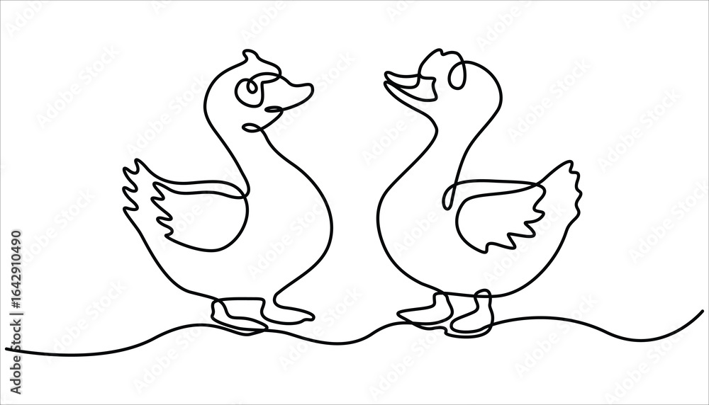 Poster domestic goose continuous one line drawing, duck in continuous line art drawing style. one line duck