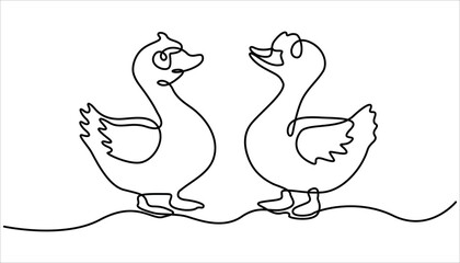 Fototapeta premium Domestic goose continuous one line drawing, Duck in continuous line art drawing style. One line Duck and ducklings. Continuous line drawing. Isolated sketch on white background. Vector illustration.
