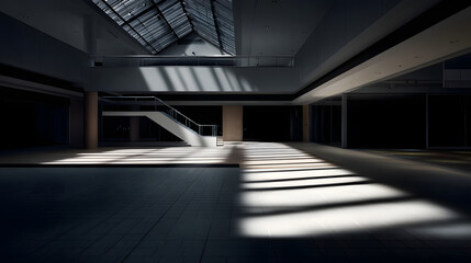 Hyperrealistic Photograph of an Empty Shopping Mall Interior with Dramatic Light and Shadows