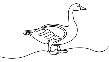 Domestic goose continuous one line drawing, Duck in continuous line art drawing style. One line Duck and ducklings. Continuous line drawing. Isolated sketch on white background. Vector illustration.

