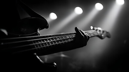Musician playing bass guitar on stage under spotlights